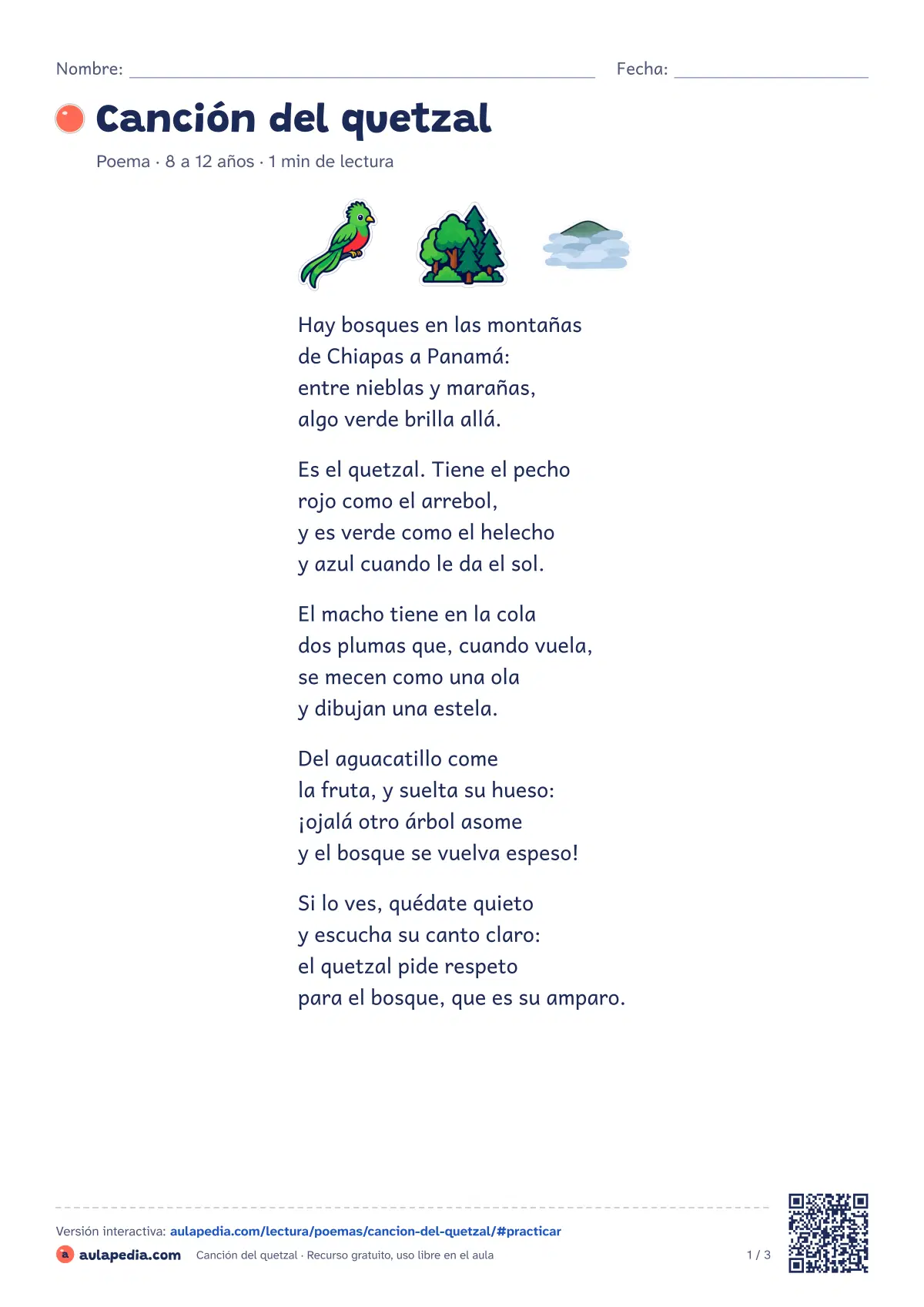 Primera página de la ficha «Canción del quetzal»: el ave del bosque de niebla, de Chiapas a Panamá, sus plumas y el aguacatillo. Cuartetas.