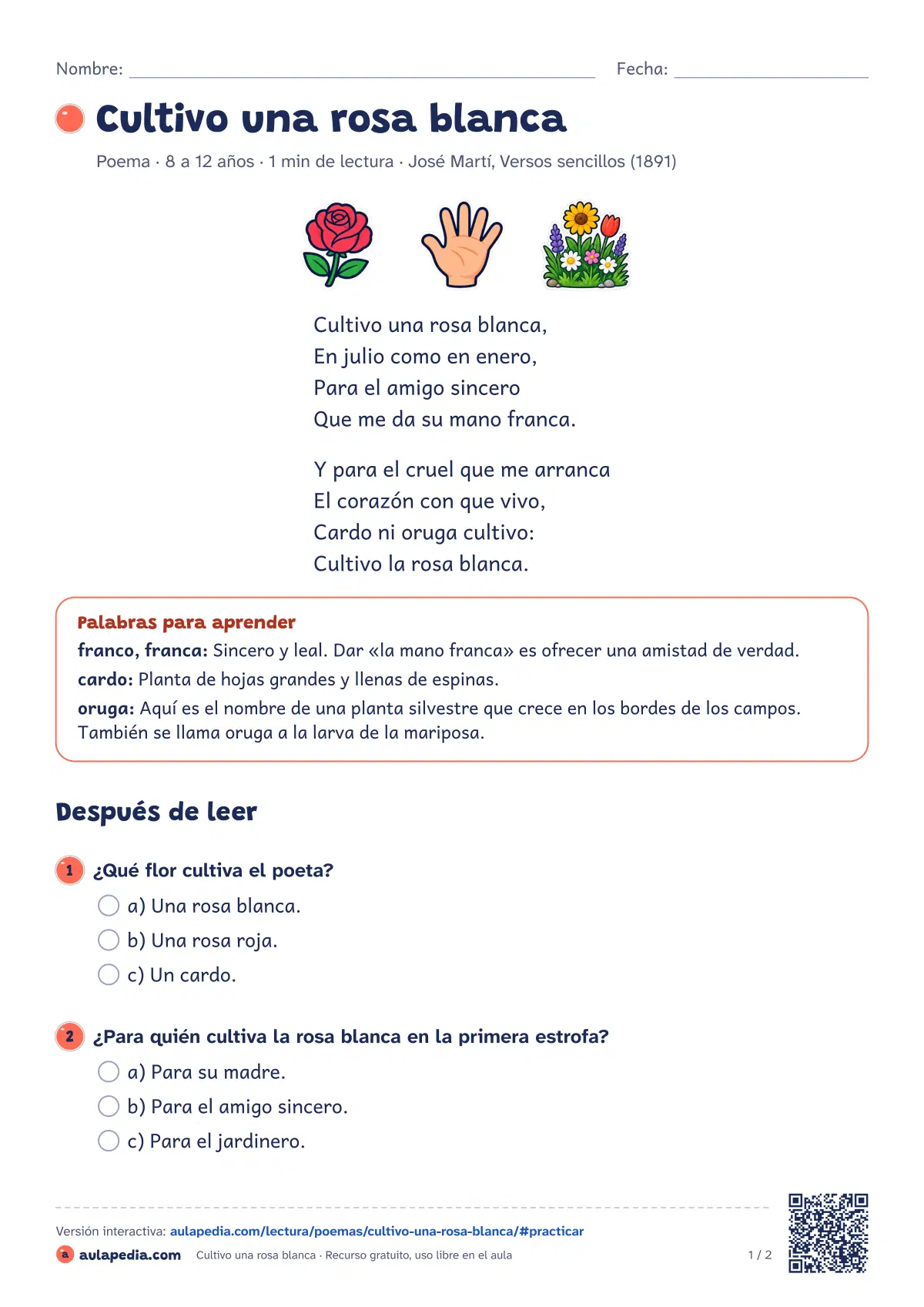 Primera página de la ficha «Cultivo una rosa blanca»: dos estrofas sobre la amistad y el perdón para recitar, comentar e imprimir.
