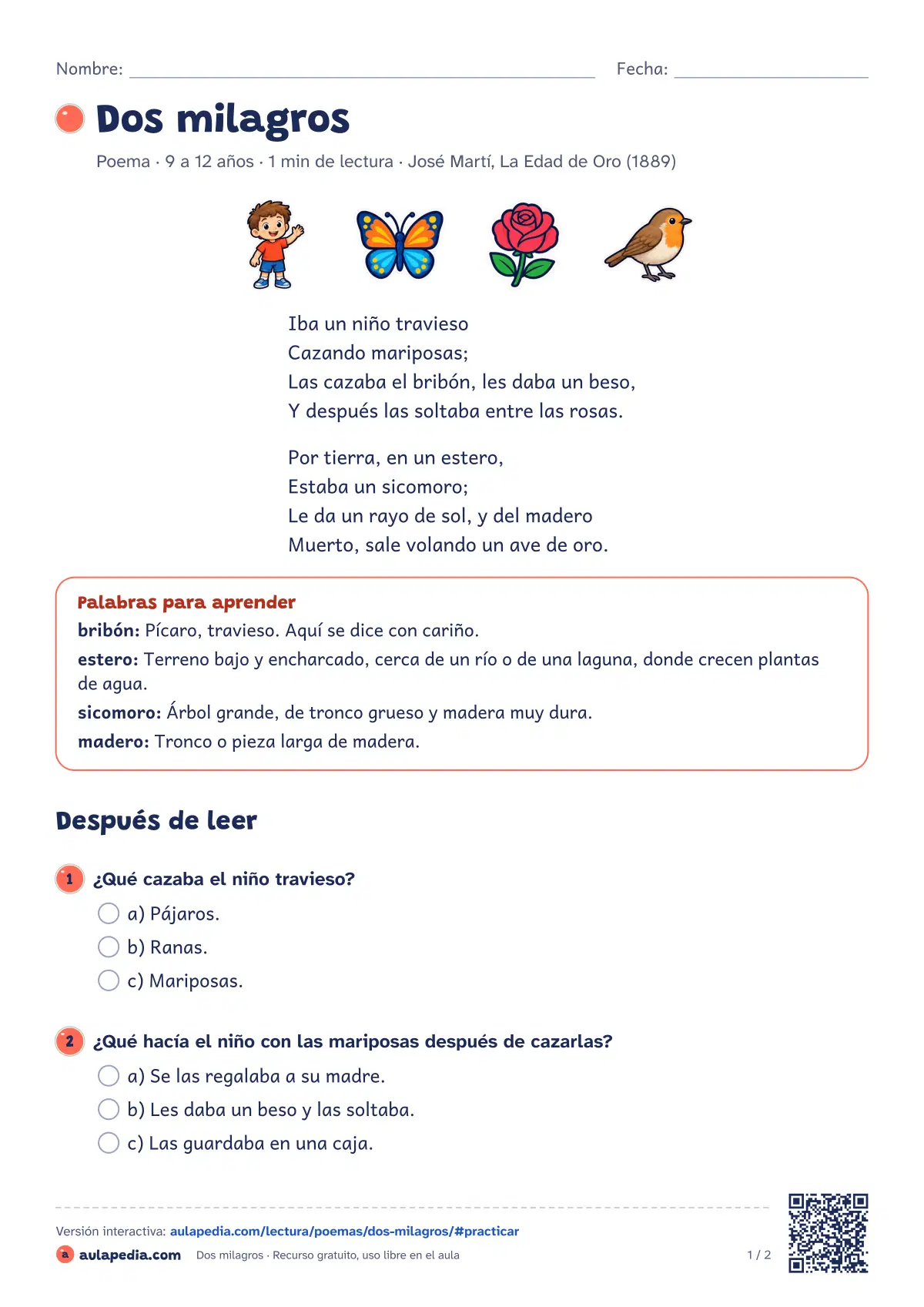 Primera página de la ficha «Dos milagros»: un niño que suelta mariposas y un ave de oro que sale de un tronco.