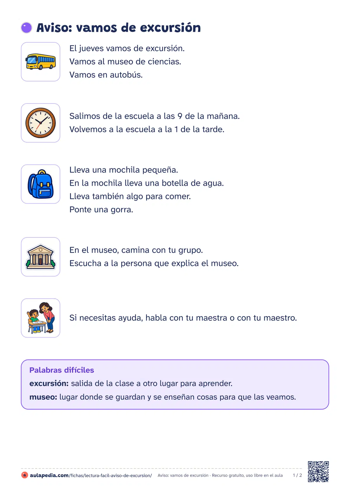 Primera página de la ficha «Aviso de excursión»: la lectura empieza «El jueves vamos de excursión. Vamos al museo de ciencias. Vamos en autobús. Salimos de la escuela a…»