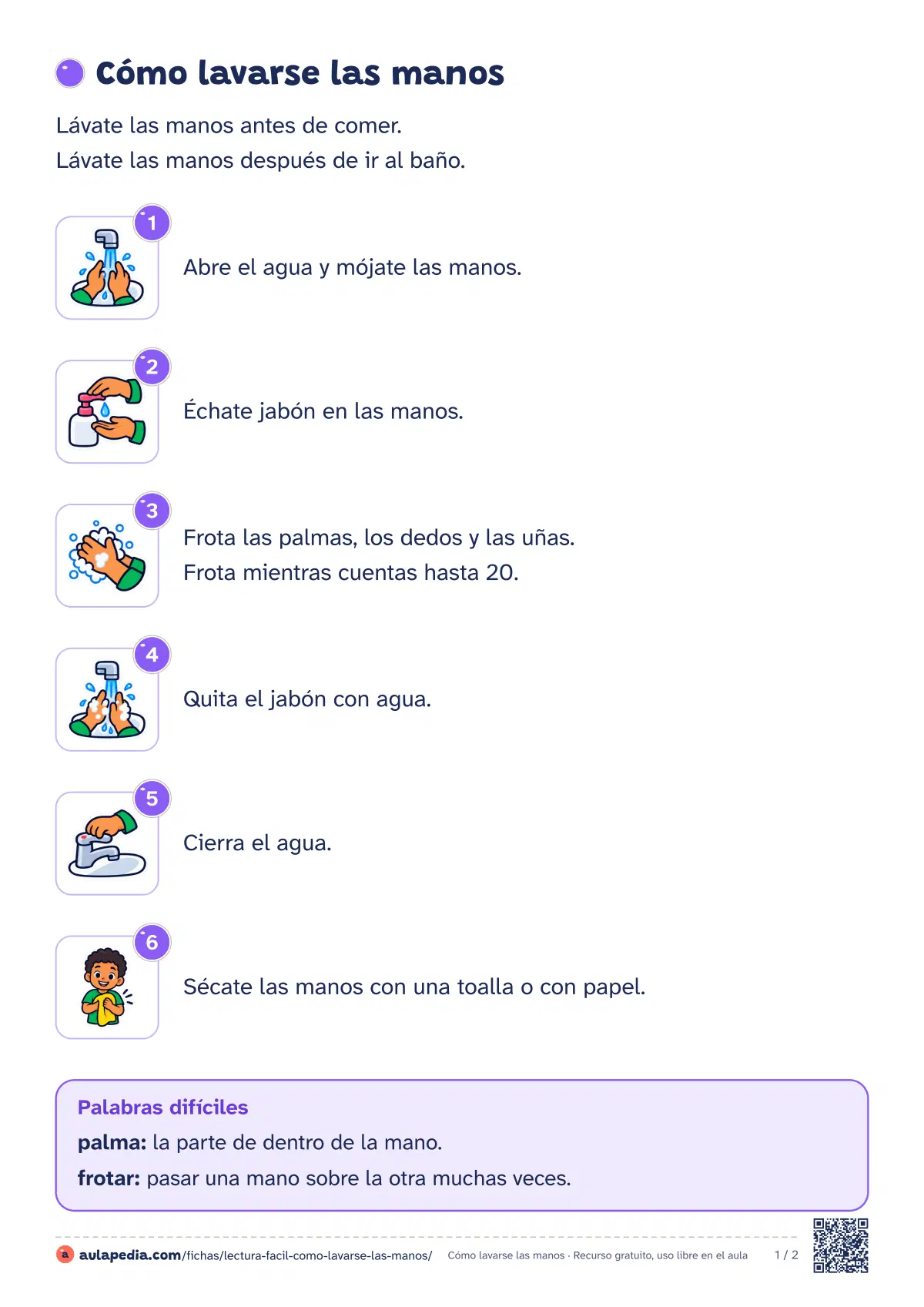 Primera página de la ficha «Cómo lavarse las manos»: la lectura empieza «Lávate las manos antes de comer. Lávate las manos después de ir al baño. 1. Abre el agua…»