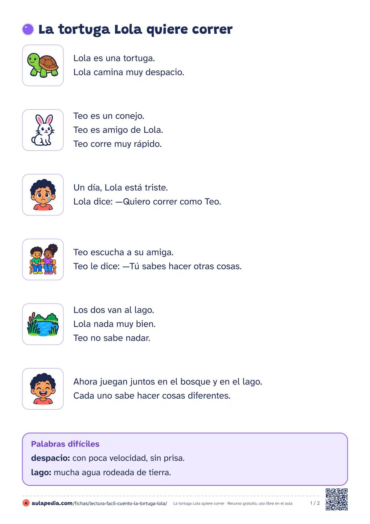 Primera página de la ficha «Cuento: la tortuga Lola»: la lectura empieza «Lola es una tortuga. Lola camina muy despacio. Teo es un conejo. Teo es amigo de Lola. Teo…»