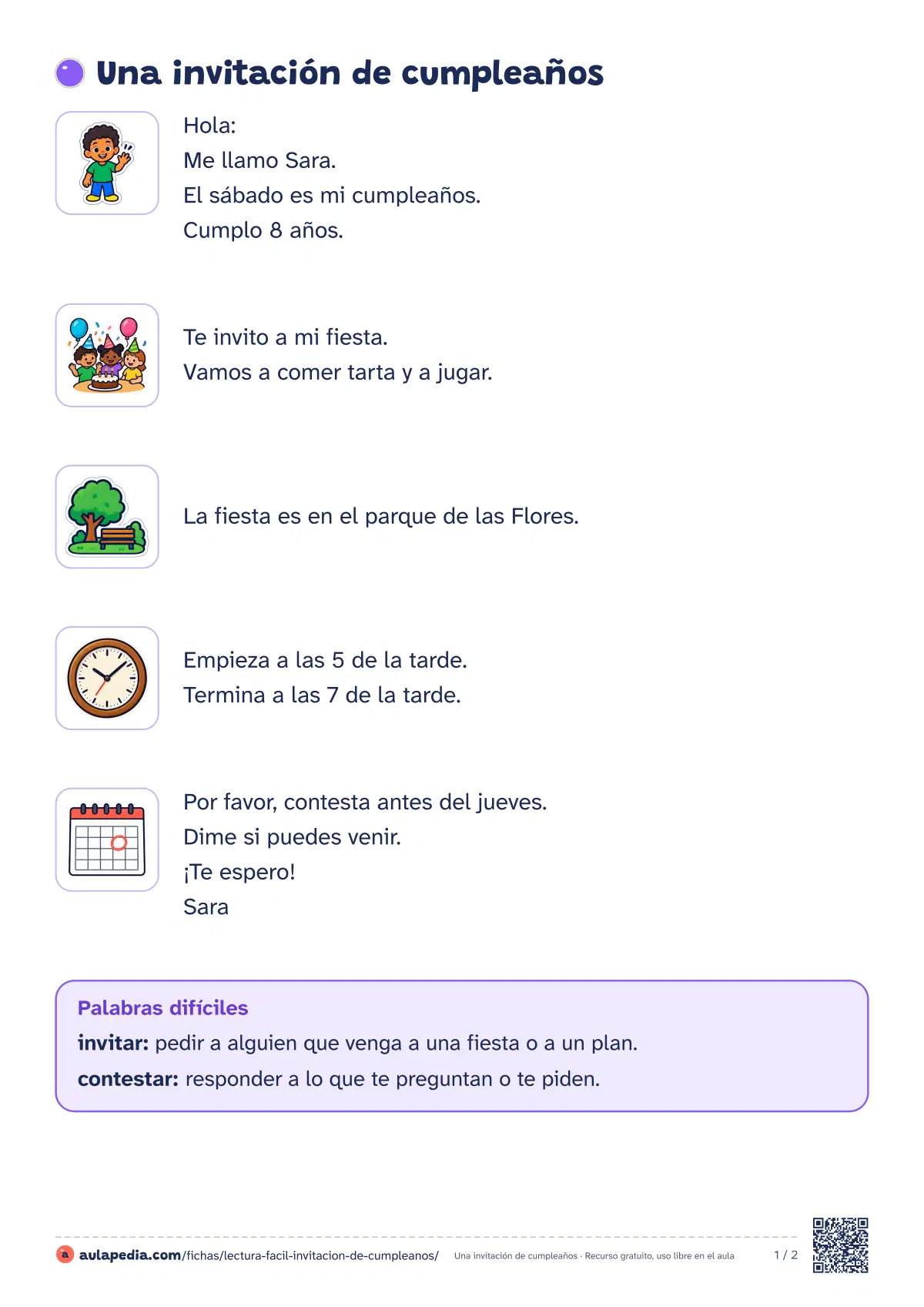 Primera página de la ficha «Invitación de cumpleaños»: la lectura empieza «Hola: Me llamo Sara. El sábado es mi cumpleaños. Cumplo 8 años. Te invito a mi fiesta. Vamos…»