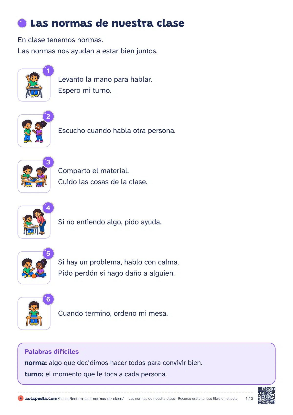 Primera página de la ficha «Normas de clase»: la lectura empieza «En clase tenemos normas. Las normas nos ayudan a estar bien juntos. 1. Levanto la mano para hablar…»