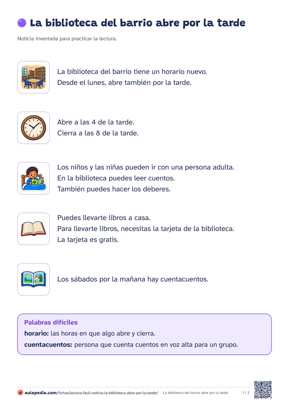 Primera página de la ficha «Una noticia en lectura fácil»: la lectura empieza «Noticia inventada para practicar la lectura. La biblioteca del barrio tiene un horario nuevo. Desde el lunes, abre…»
