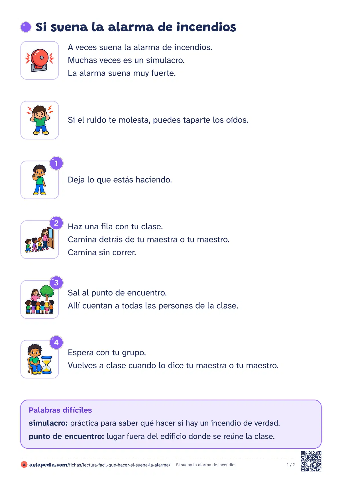 Primera página de la ficha «Si suena la alarma»: la lectura empieza «A veces suena la alarma de incendios. Muchas veces es un simulacro. La alarma suena muy fuerte. Si…»