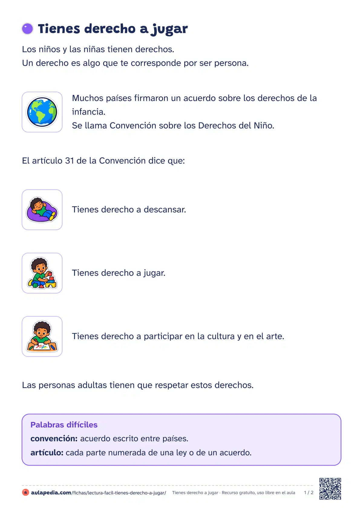 Primera página de la ficha «Tienes derecho a jugar»: la lectura empieza «Los niños y las niñas tienen derechos. Un derecho es algo que te corresponde por ser persona. Muchos…»