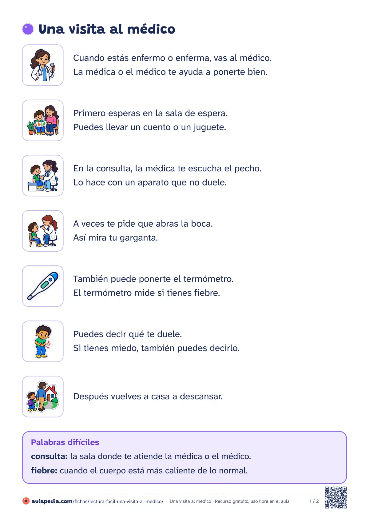 Primera página de la ficha «Una visita al médico»: la lectura empieza «Cuando estás enfermo o enferma, vas al médico. La médica o el médico te ayuda a ponerte bien…»