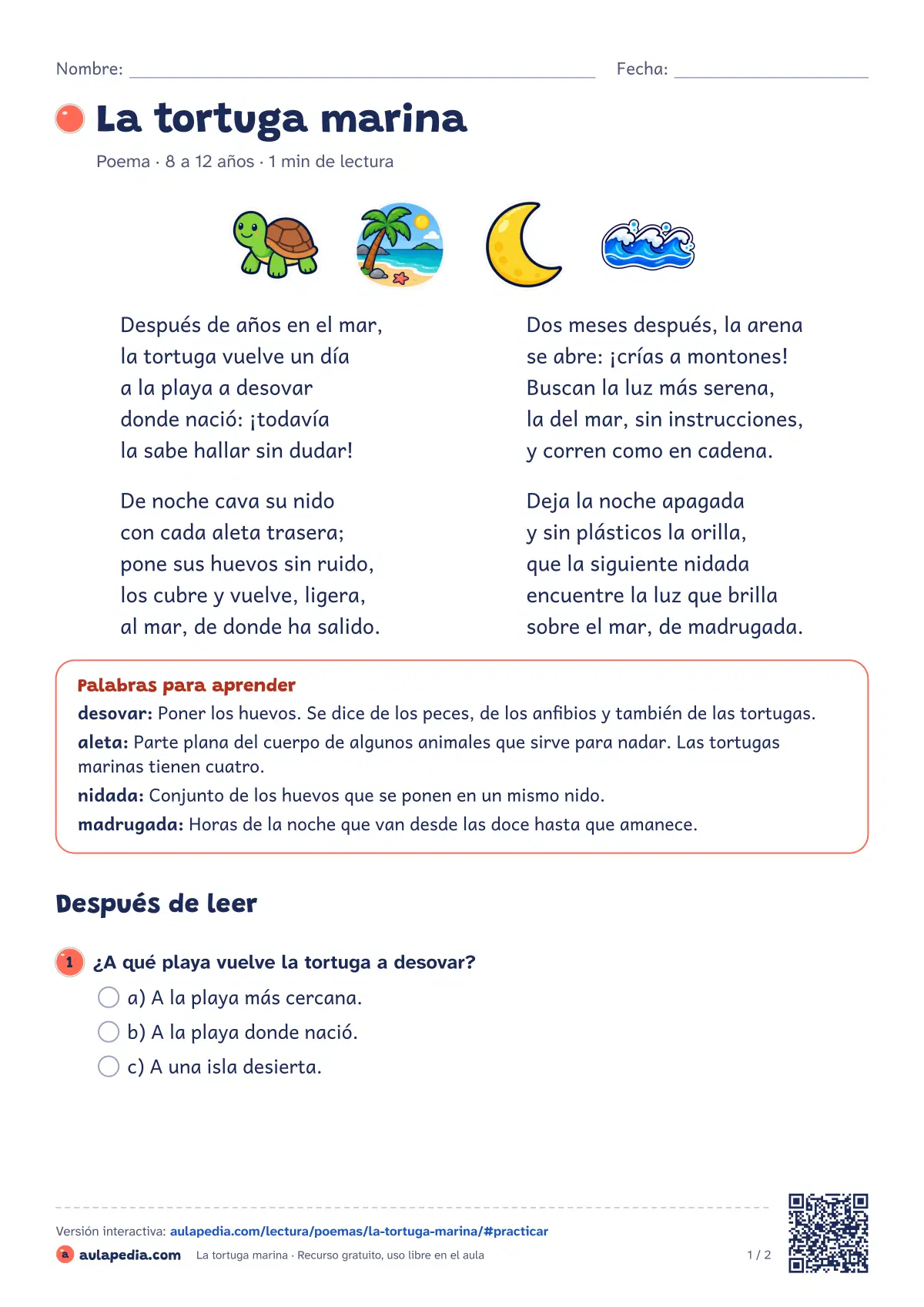 Primera página de la ficha «La tortuga marina»: vuelve a su playa a desovar y sus crías buscan la luz del mar. Quintillas.