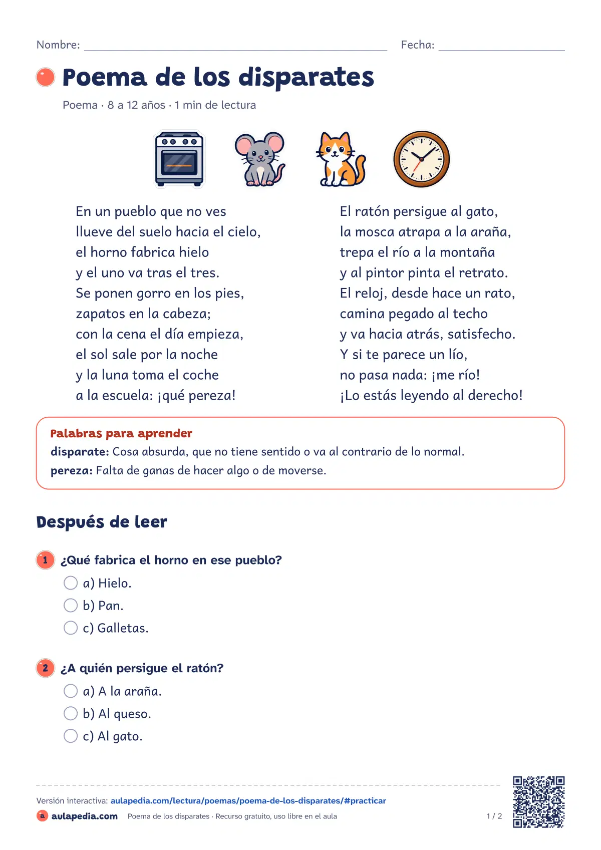 Primera página de la ficha «Poema de los disparates»: en un pueblo que no ves llueve hacia arriba y el ratón persigue al gato. Dos décimas.