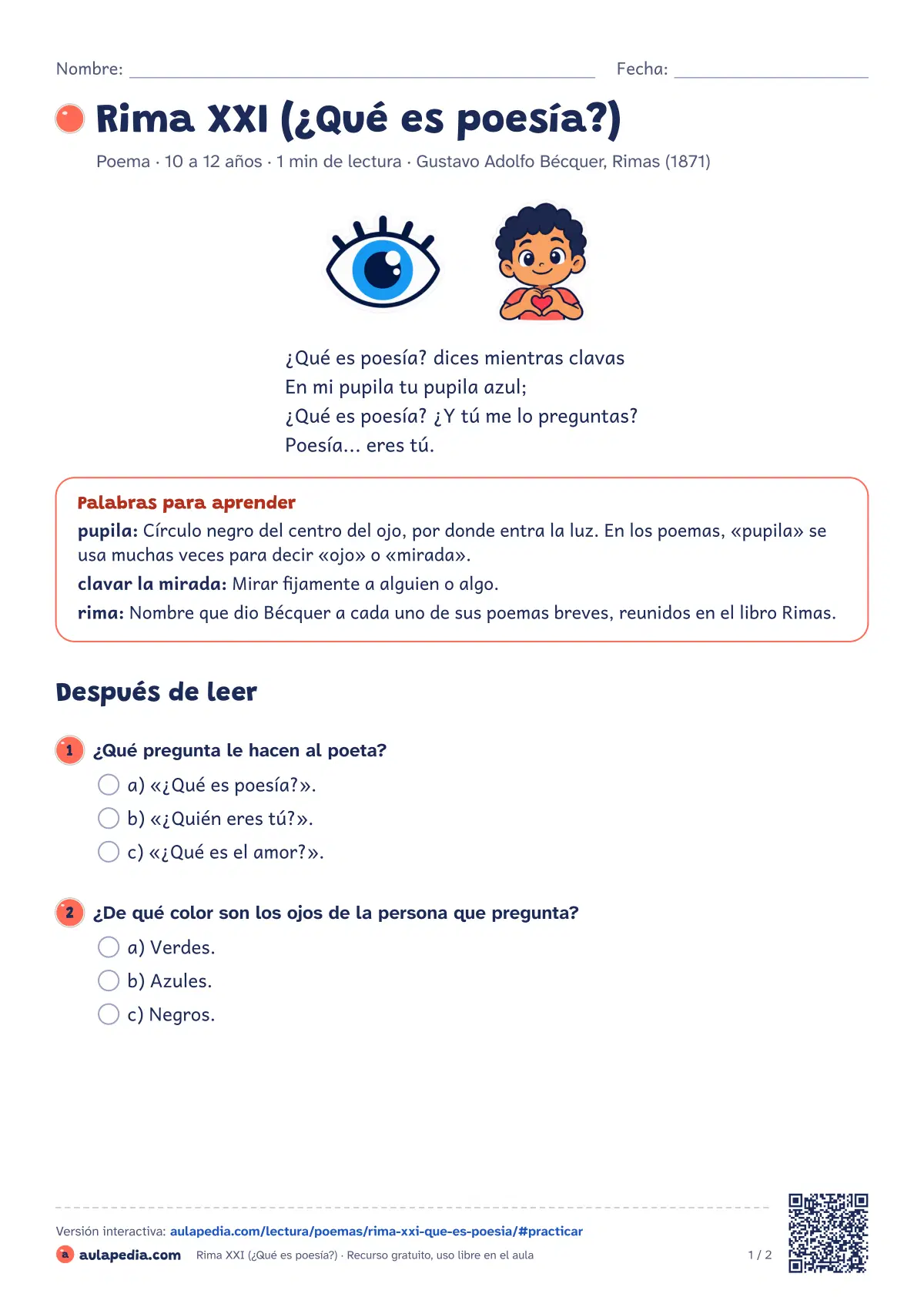 Primera página de la ficha «Rima XXI (¿Qué es poesía?)»: Rima XXI de Gustavo Adolfo Bécquer, «¿Qué es poesía?», para niños de 10 a 12 años: cuatro versos para pensar qué es la poesía y escribir la tuya.