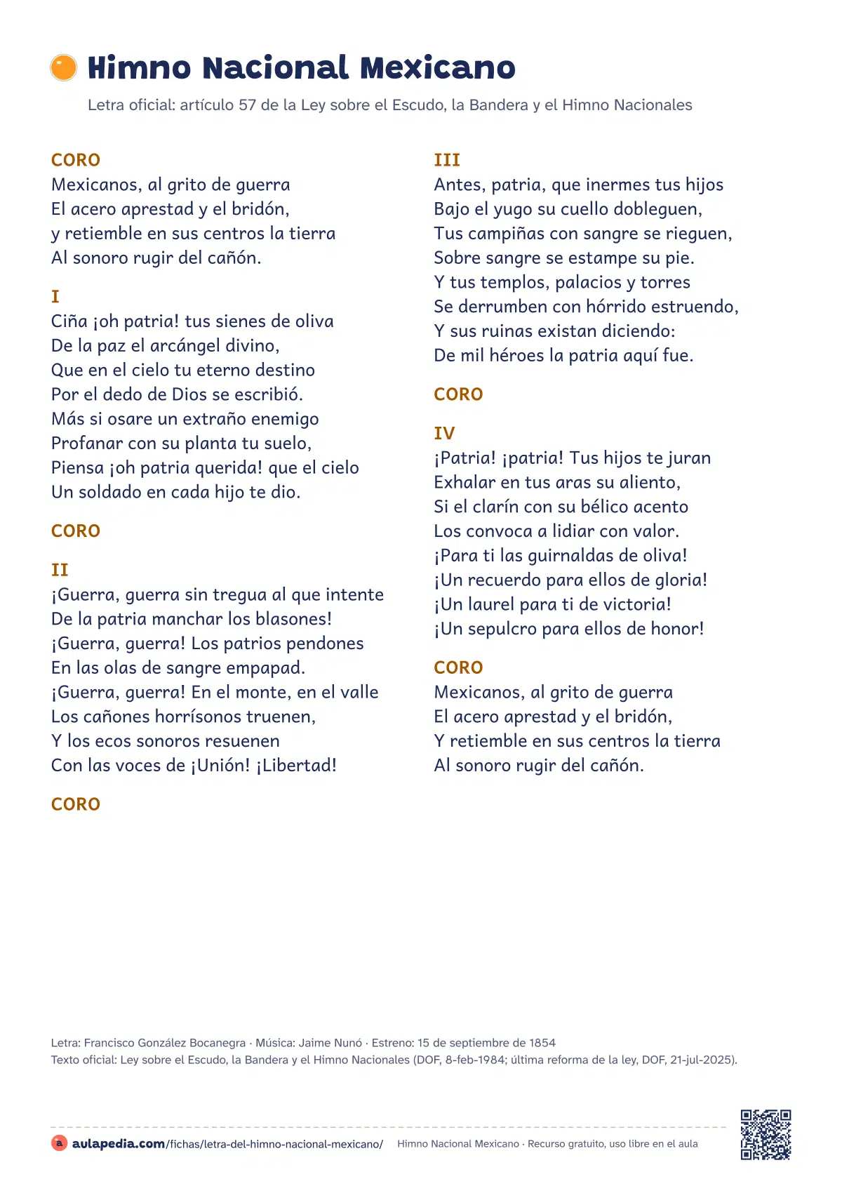 Primera página de la ficha «Letra del Himno Nacional»: coro y cuatro estrofas tal como las fija la ley, en una hoja.
