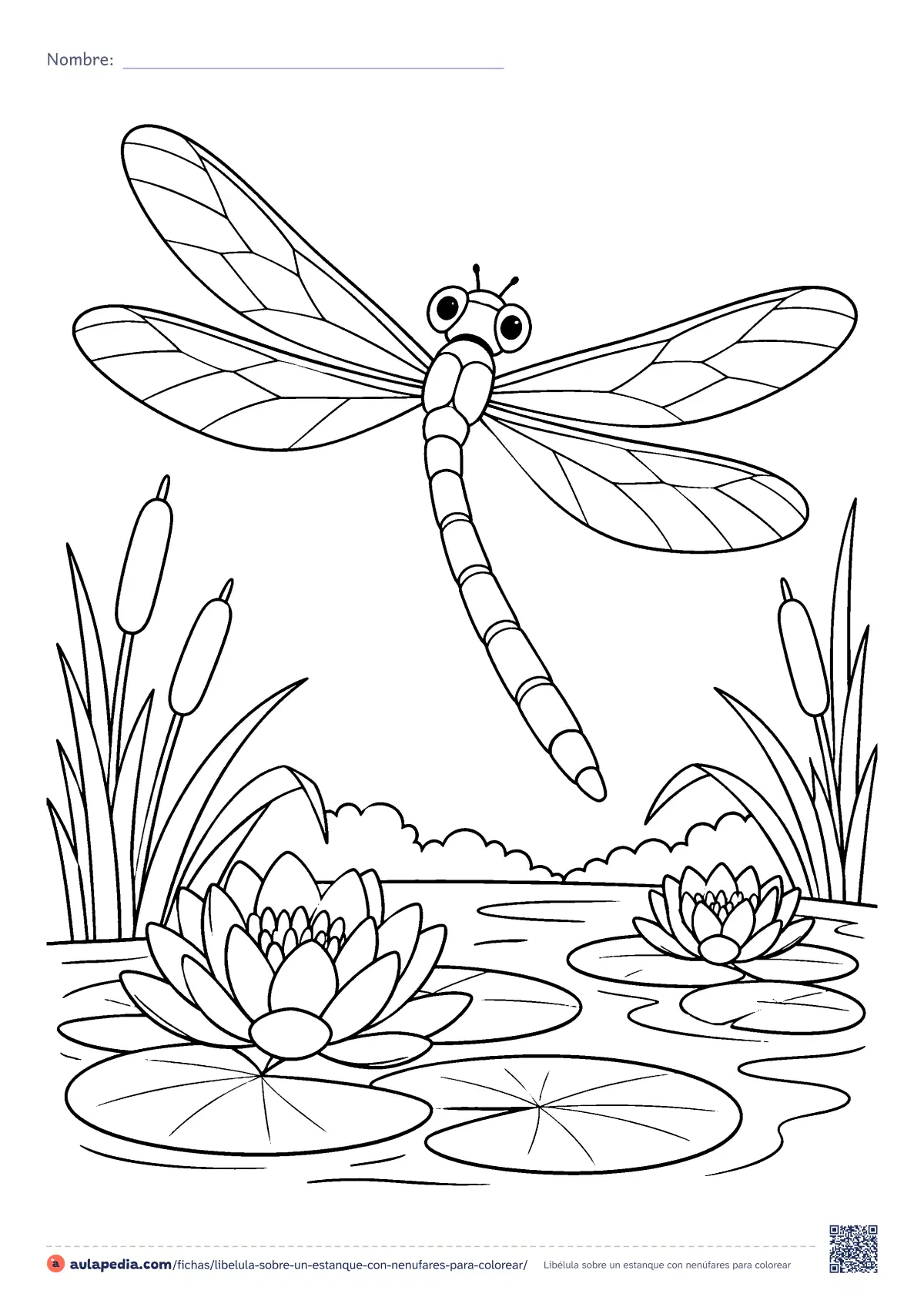 Primera página de la ficha «Libélula sobre un estanque con nenúfares»: una libélula de cuatro alas vuela sobre un estanque con dos nenúfares en flor, hojas flotantes y espadañas. Dibujo de dificultad media.