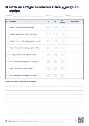 Primera hoja de la lista de cotejo: educación física y juego en equipo
