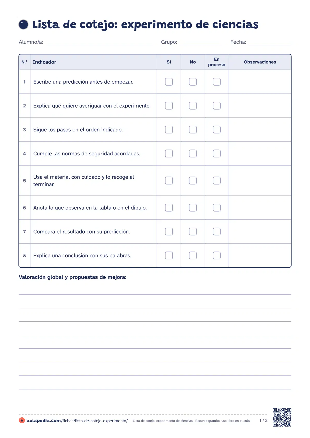 Primera página de la ficha «Lista de cotejo: experimento de ciencias»: predicción, pasos, seguridad, registro y conclusión. Ocho indicadores y hoja de toda la clase.