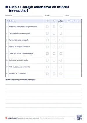 Primera hoja de la lista de cotejo: autonomía en infantil (preescolar)