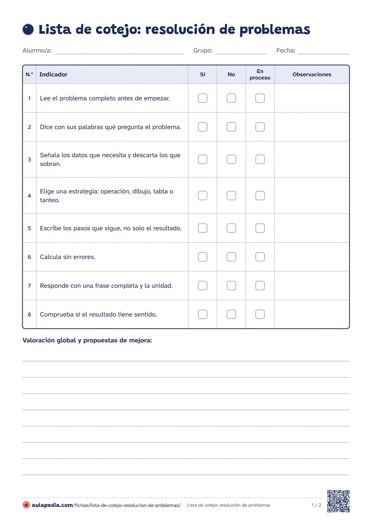 Primera página de la ficha «Lista de cotejo: resolución de problemas»: comprender, planificar, resolver y comprobar. Hoja por alumno y de clase.