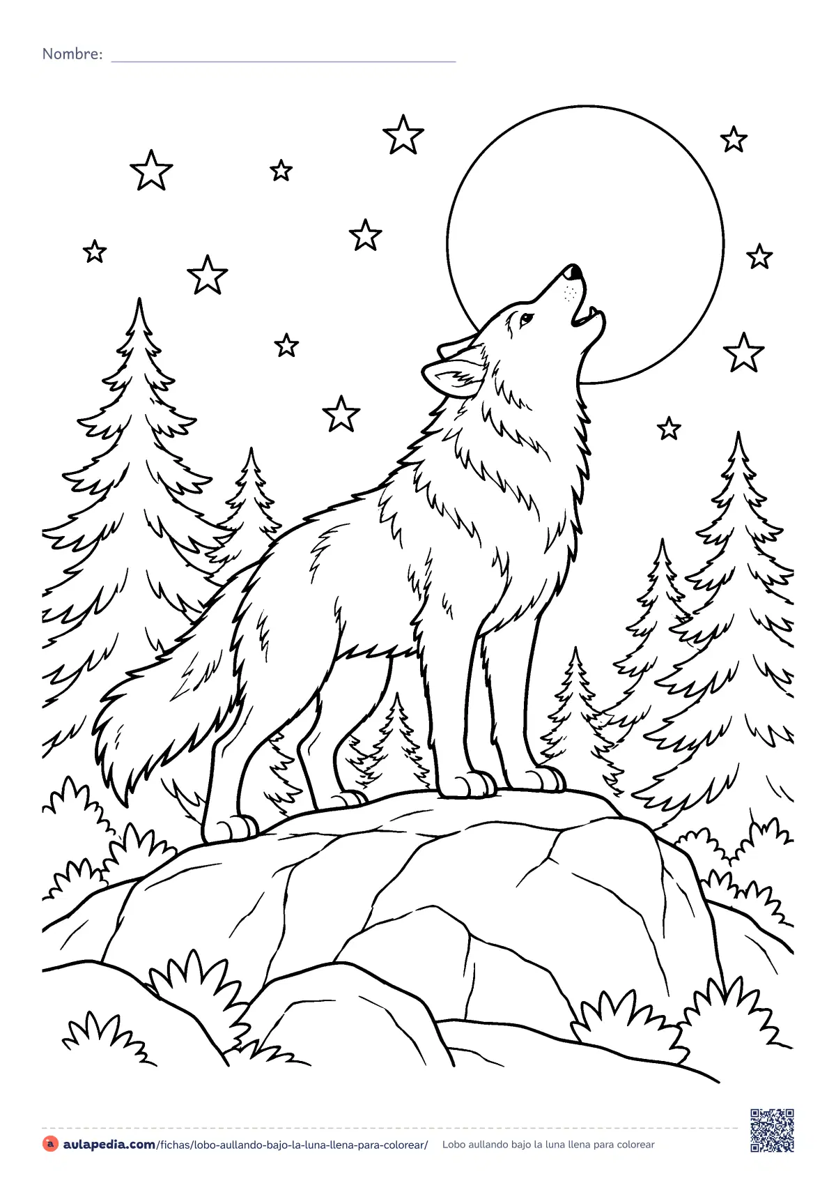 Primera página de la ficha «Lobo aullando bajo la luna llena»: un lobo aúlla subido a una roca, con la luna llena detrás, abetos y un cielo de estrellas. Dibujo de dificultad media para colorear.
