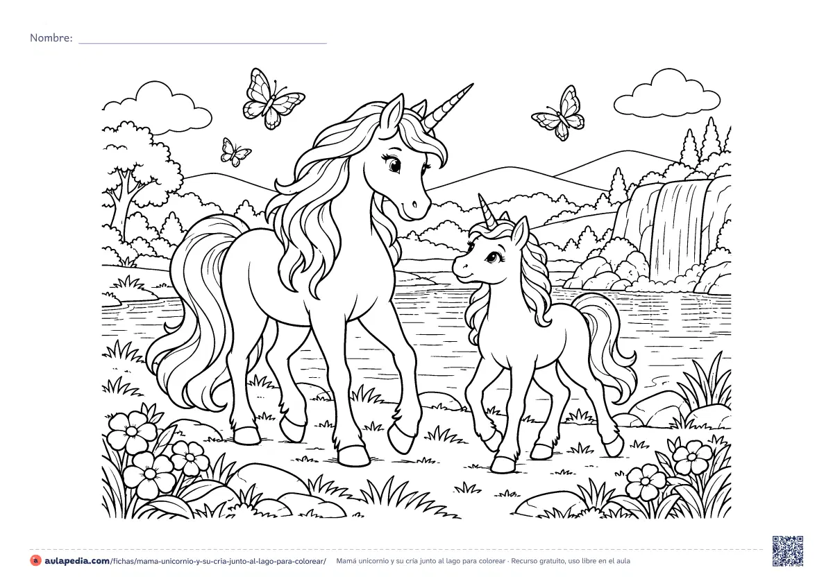Primera página de la ficha «Mamá unicornio y su cría junto al lago»: una mamá unicornio y su cría pasean junto a un lago con cascada, mariposas y flores. Dibujo apaisado para colorear e imprimir.