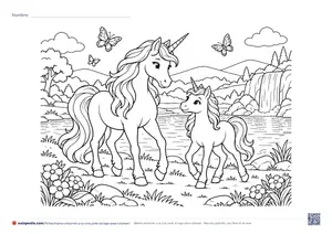 Vista previa de «Mamá unicornio y su cría junto al lago»
