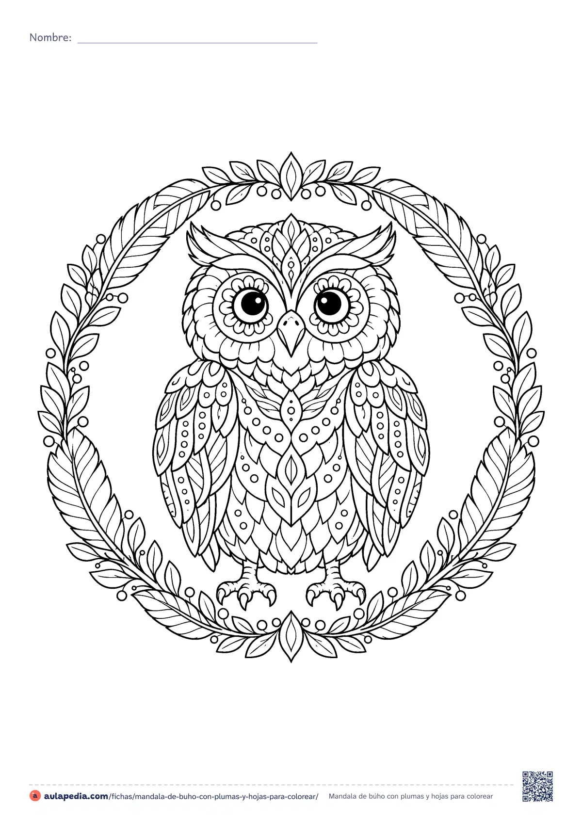Primera página de la ficha «Mandala de búho con plumas y hojas»: un búho de frente, con el plumaje hecho de pétalos y círculos, dentro de un marco de plumas y hojas. Mandala detallado para colorear.