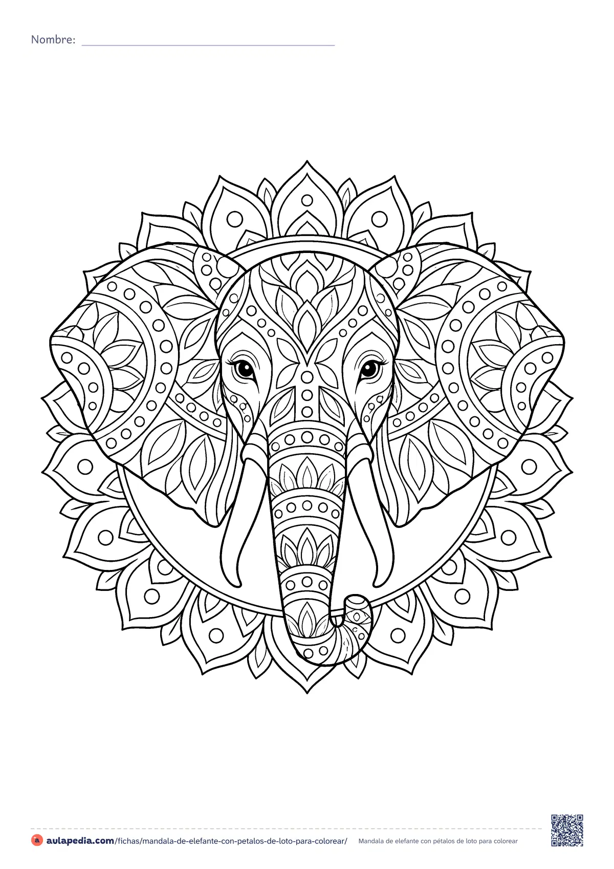 Primera página de la ficha «Mandala de elefante con pétalos de loto»: la cabeza de un elefante, con orejas y trompa llenas de hojas y círculos, en un marco de pétalos de loto. Mandala detallado para colorear.