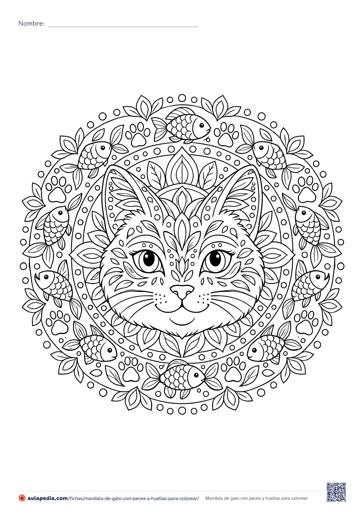 Primera página de la ficha «Mandala de gato con peces y huellas»: la cara de un gato en el centro y, alrededor, anillos de hojas, peces y huellas. Mandala detallado para colorear e imprimir.