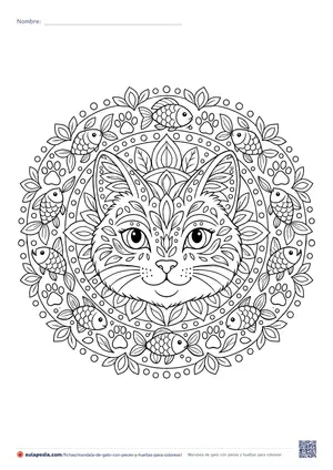 Vista previa de «Mandala de gato con peces y huellas»