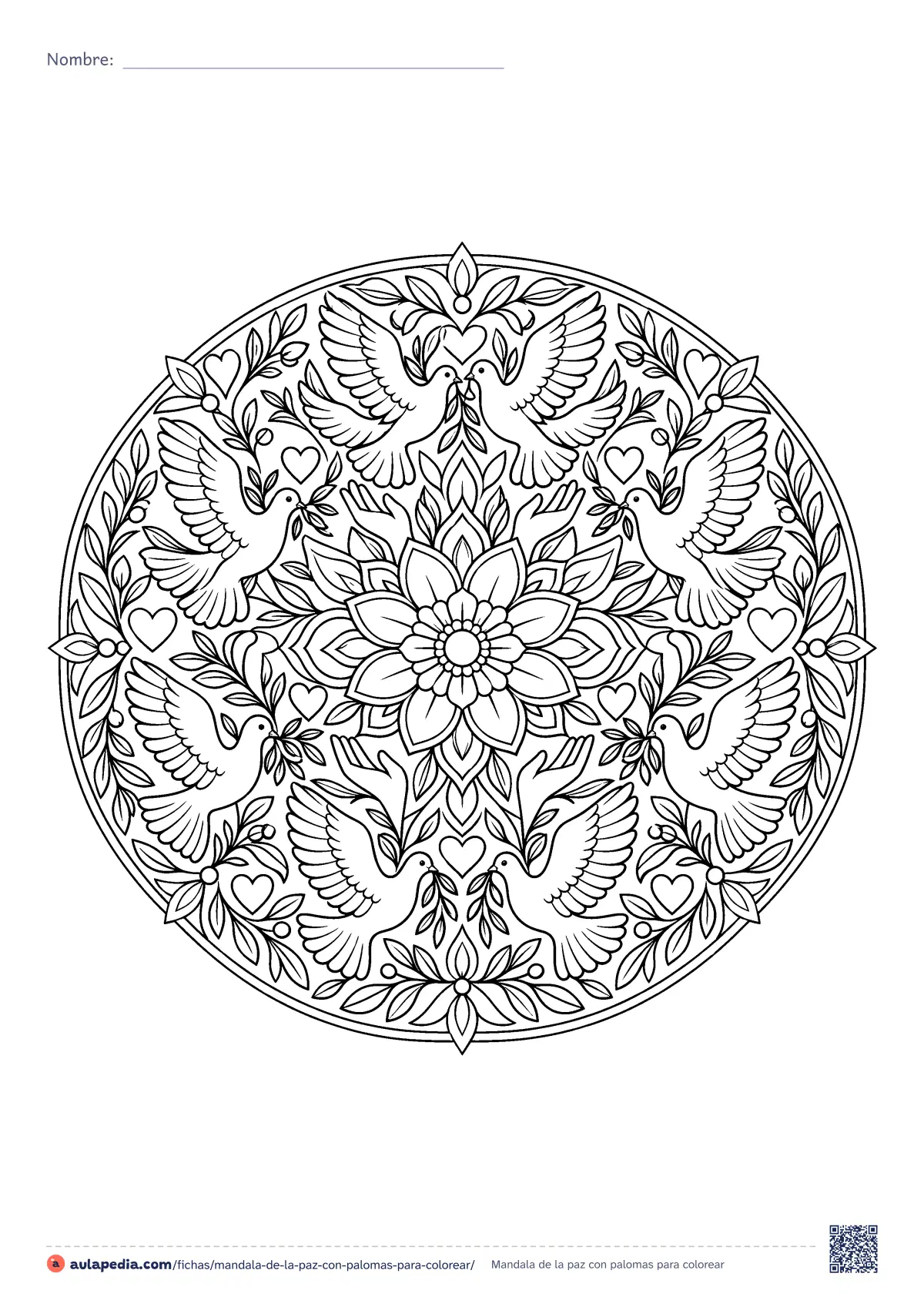 Primera página de la ficha «Mandala de la paz con palomas»: mandala circular de ocho palomas con ramas de olivo, corazones, manos y una flor central. Lámina detallada para mayores.