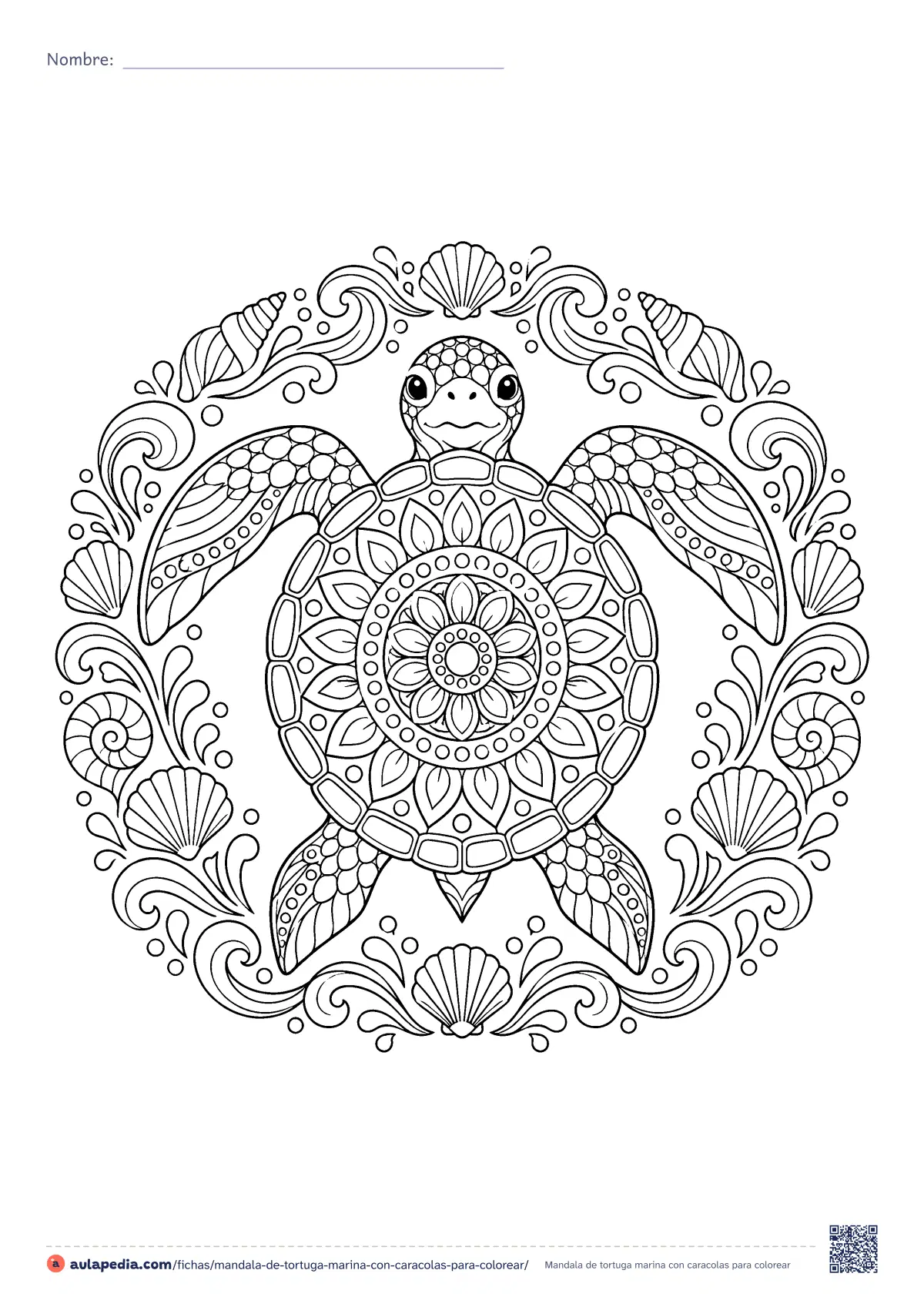 Primera página de la ficha «Mandala de tortuga marina con caracolas»: una tortuga marina vista desde arriba, con el caparazón convertido en mandala y un aro de olas y conchas. Lámina detallada para colorear.