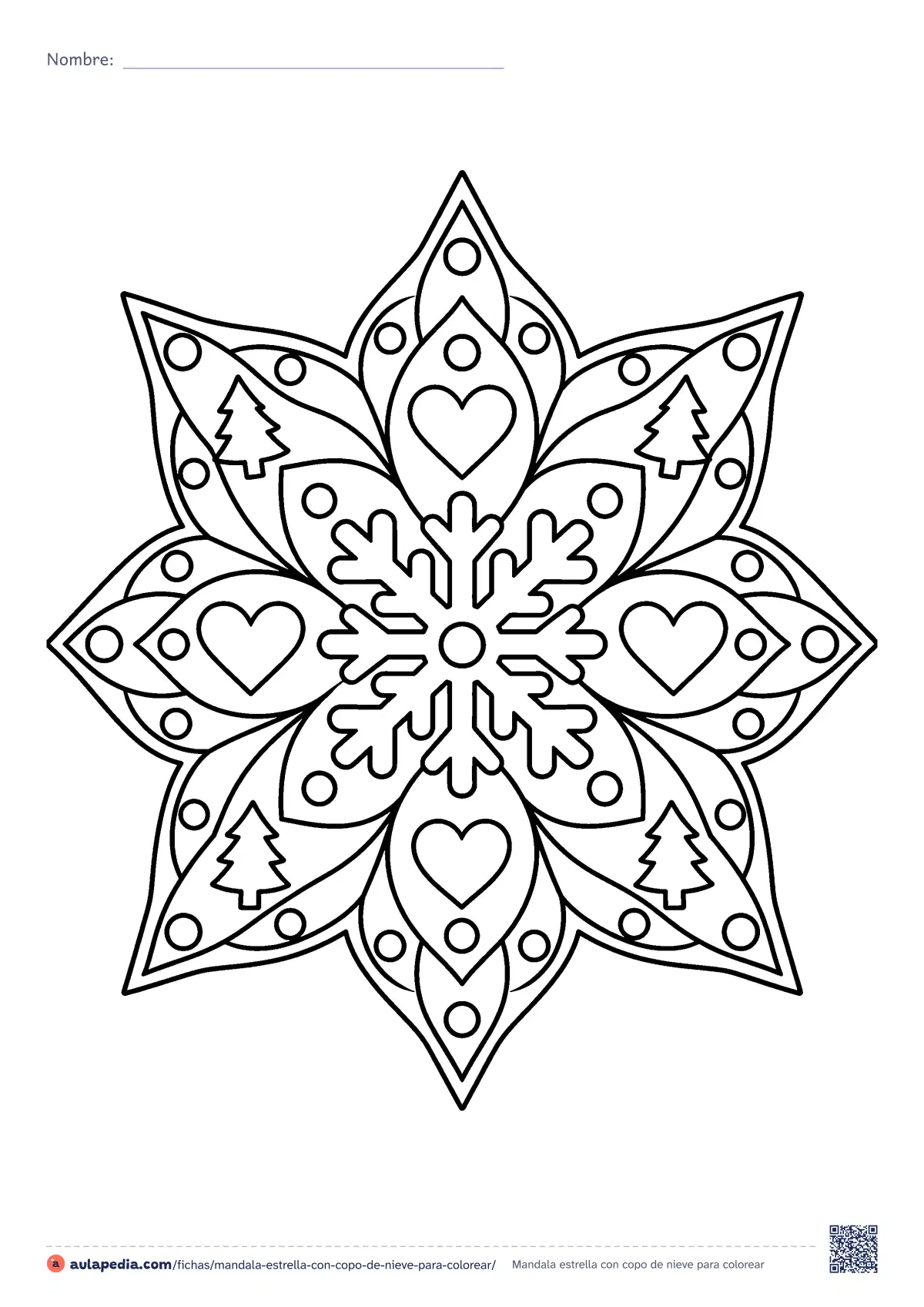 Primera página de la ficha «Mandala estrella con copo de nieve»: mandala en forma de estrella de ocho puntas con copo central, corazones, abetos y círculos, de zonas grandes. Nivel medio.