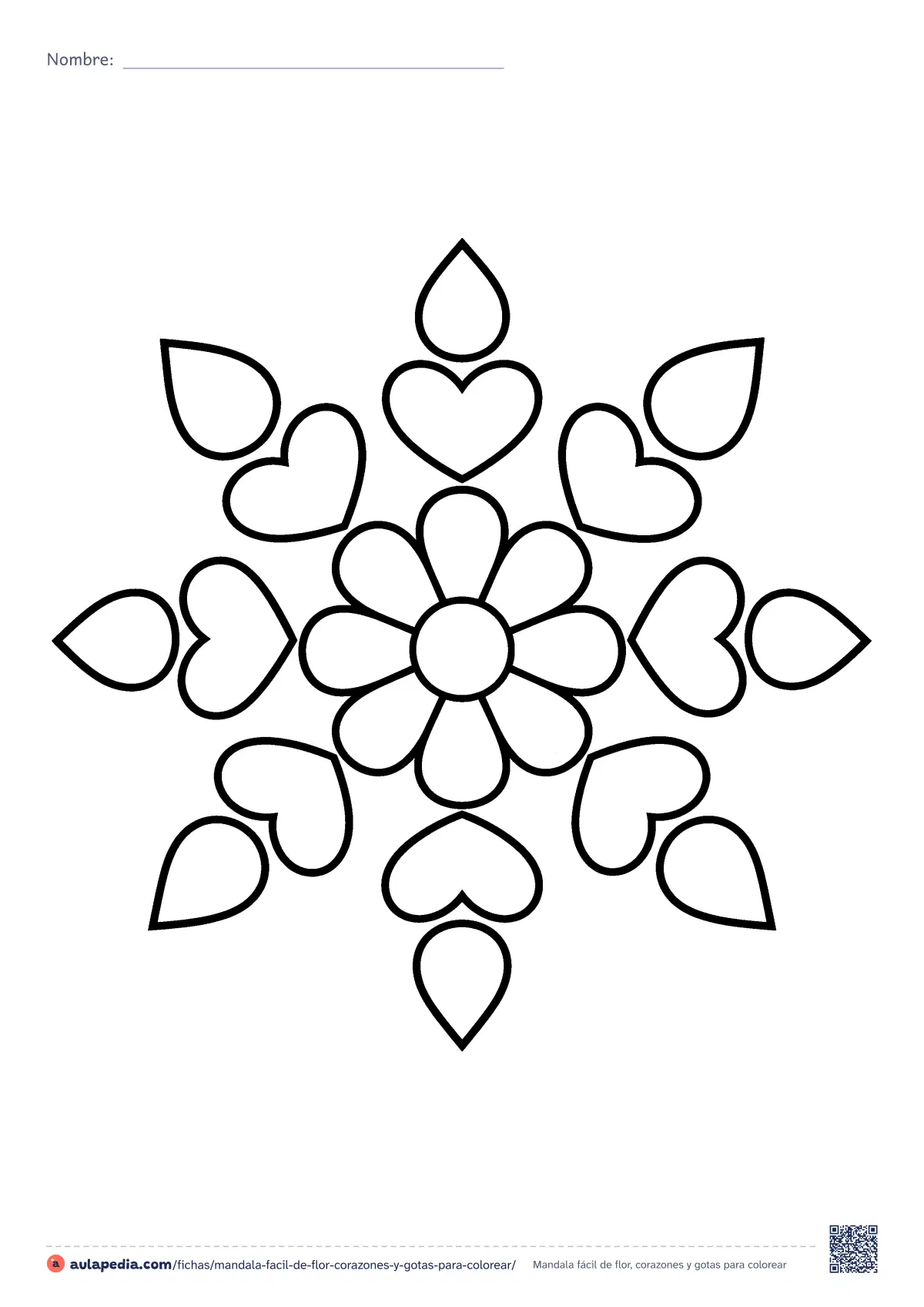 Primera página de la ficha «Mandala fácil de flor, corazones y gotas»: una flor de ocho pétalos, ocho corazones y ocho gotas, con trazo grueso y solo veinticinco zonas. Desde los 4 años.
