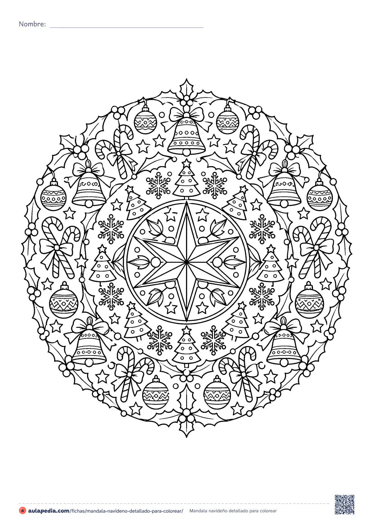 Primera página de la ficha «Mandala navideño detallado»: mandala navideño circular con estrella central, abetos, copos, campanas, bolas, bastones y borde de acebo. Detallado;.