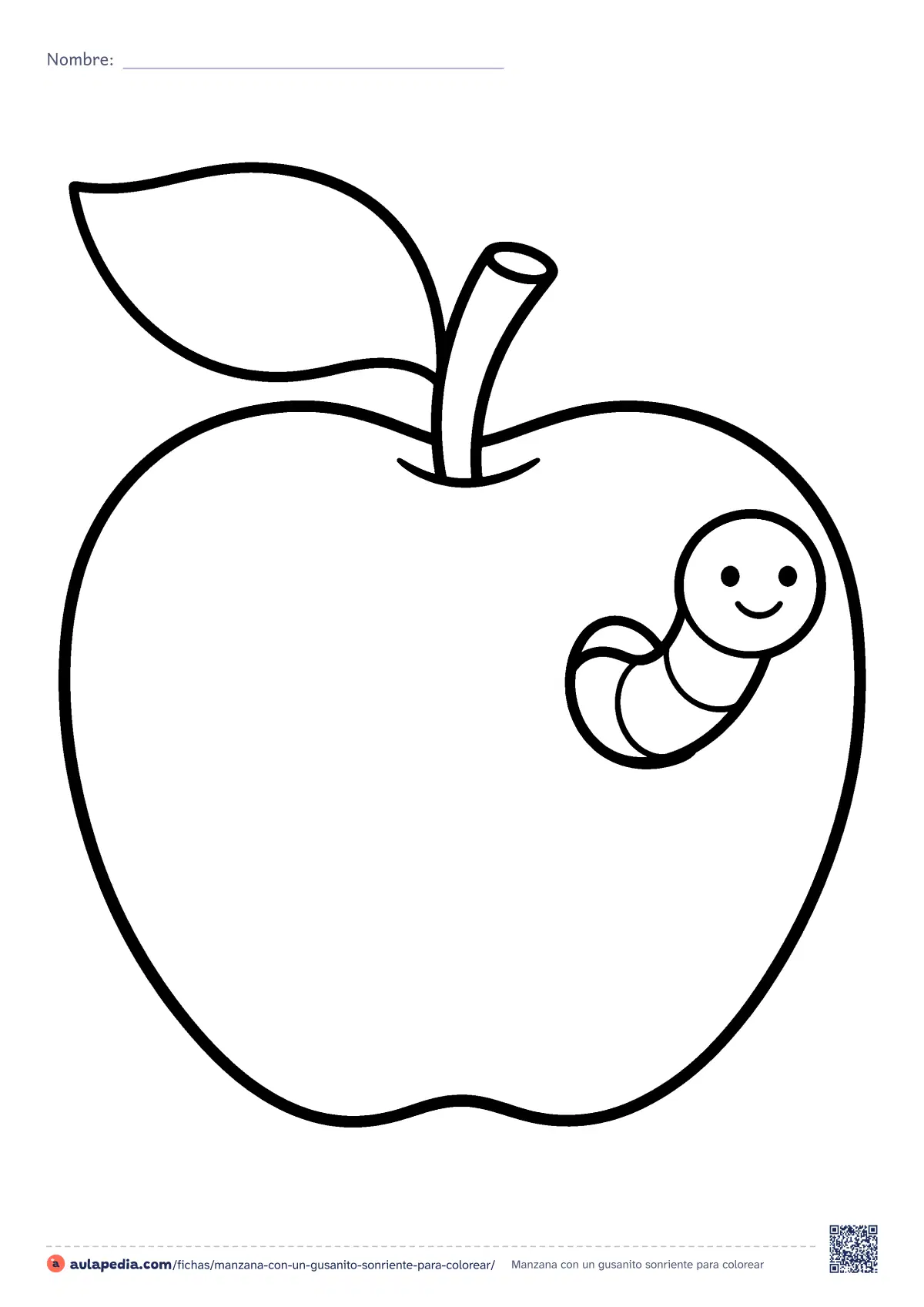 Primera página de la ficha «Manzana con un gusanito sonriente»: una manzana enorme con su hoja y un gusanito que asoma sonriendo. Dibujo muy fácil de contorno grueso para colorear.