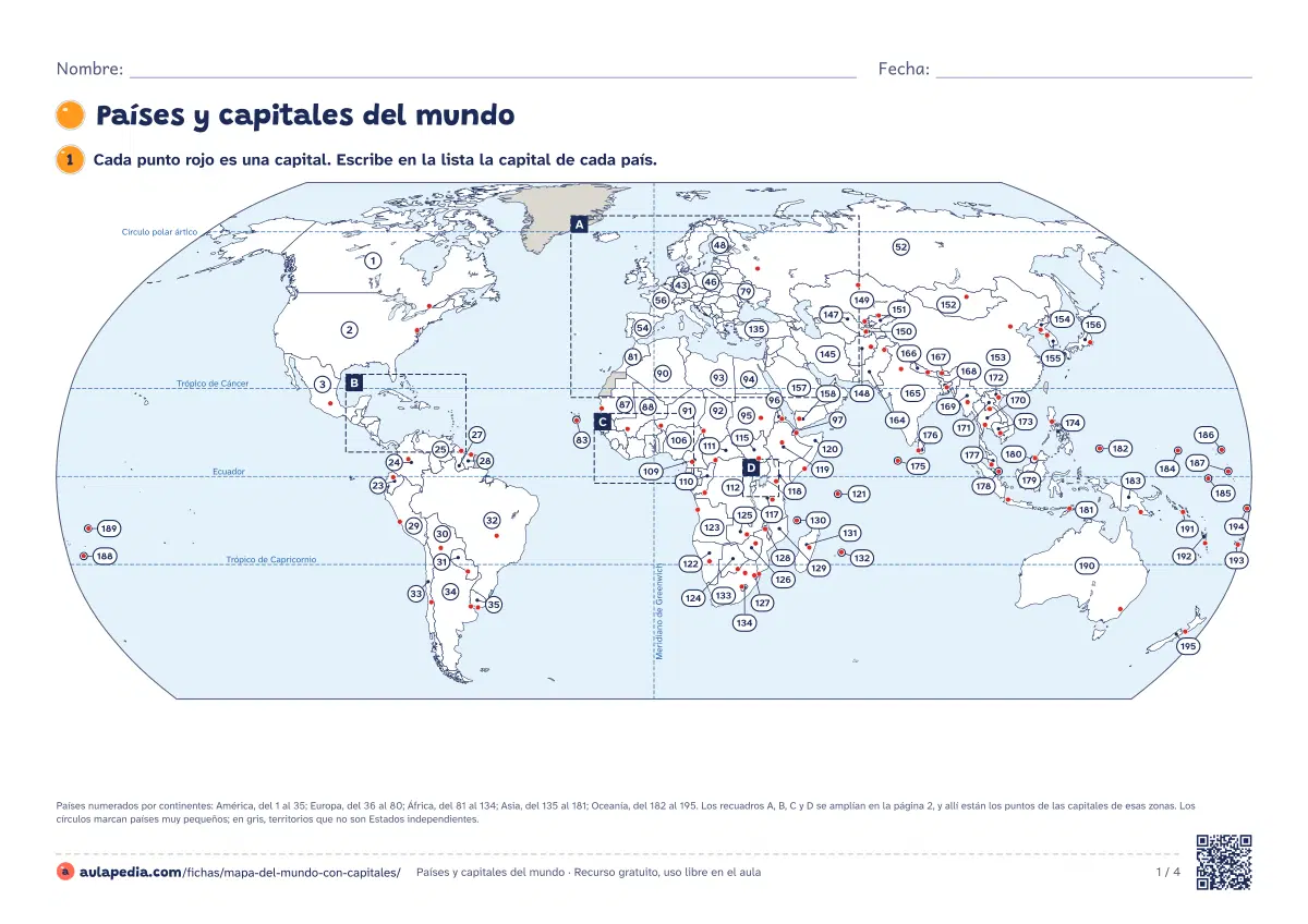 Primera página de la ficha «Capitales del mundo»: mapamundi con los 195 países numerados y su capital marcada con un punto rojo, para escribir cada capital.