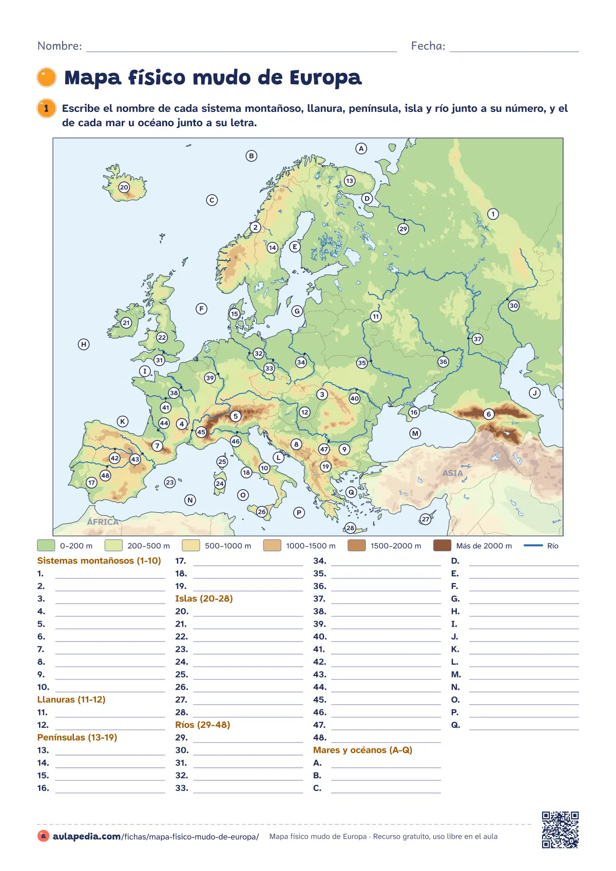 Primera página de la ficha «Europa física (mudo)»: cordilleras, llanuras, penínsulas, islas y ríos numerados y mares con letra para escribir sus nombres.