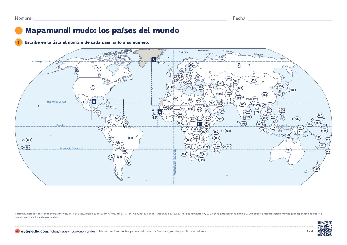 Primera página de la ficha «Mapamundi mudo»: mapamundi político mudo con los 195 países numerados por continentes, ampliaciones y una lista para escribir sus nombres.