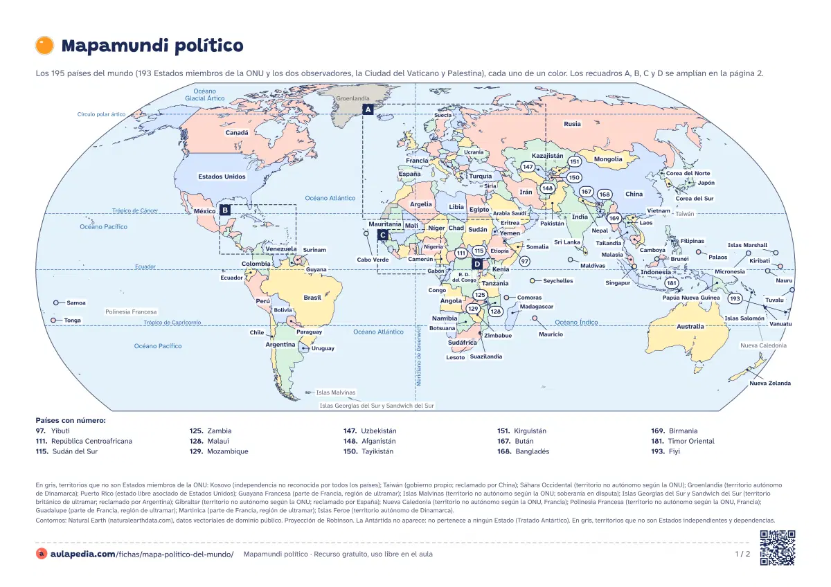 Primera página de la ficha «Mapamundi político con nombres»: mapamundi político en color con los 195 países y sus nombres, líneas imaginarias y ampliaciones de Europa, el Caribe y dos zonas de África.