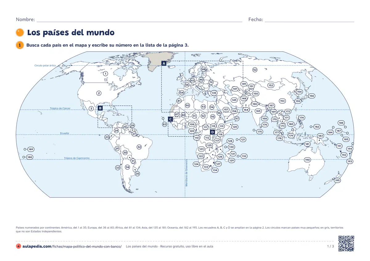 Primera página de la ficha «Mapamundi para completar»: mapamundi político con los 195 países numerados y su lista en orden alfabético para escribir el número de cada uno.