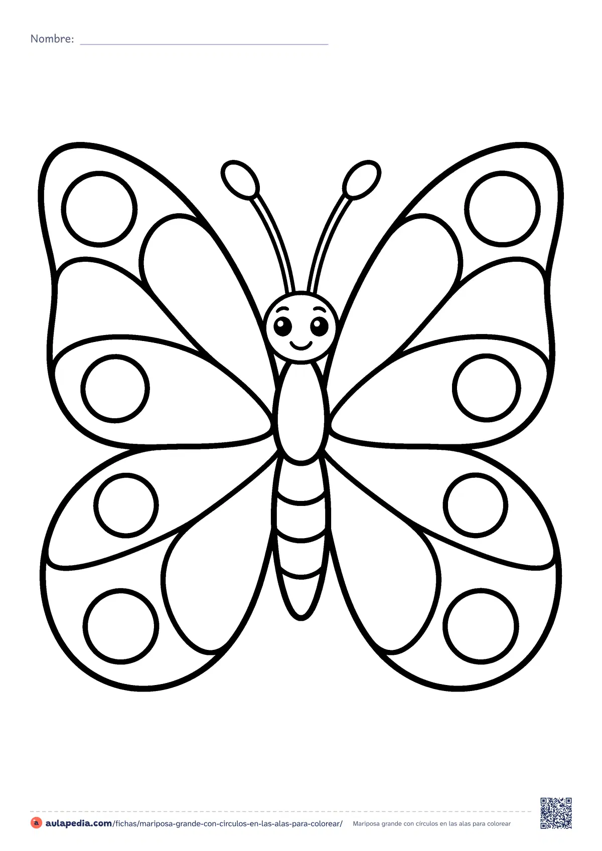 Primera página de la ficha «Mariposa grande con círculos en las alas»: una mariposa grande y simétrica, con carita sonriente y ocho círculos en las alas. Dibujo fácil de trazo grueso para colorear.