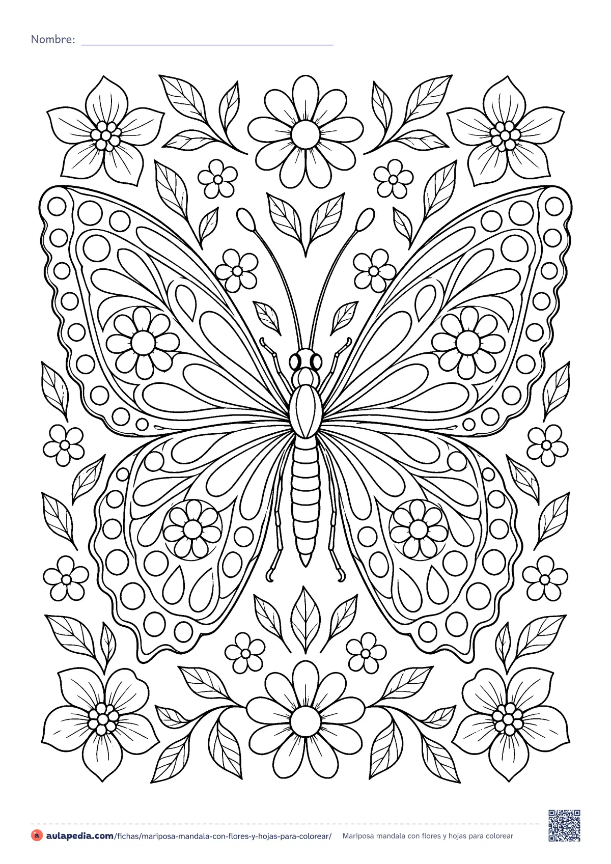 Primera página de la ficha «Mariposa mandala con flores y hojas»: una mariposa con las alas llenas de pétalos, gotas, círculos y flores, como un mandala, rodeada de flores y hojas. Dibujo detallado.