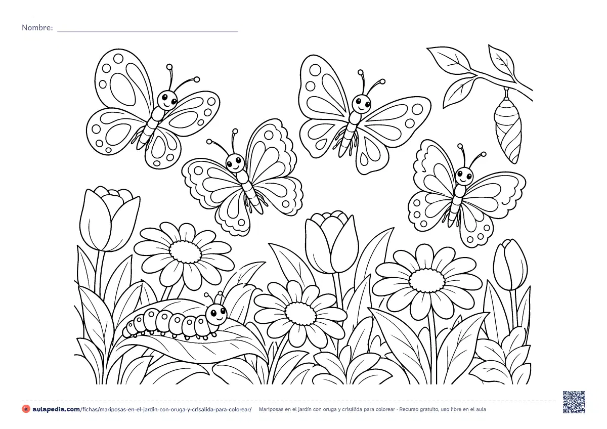 Primera página de la ficha «Mariposas en el jardín con oruga y crisálida»: cuatro mariposas sobre un jardín de margaritas y tulipanes, una oruga en una hoja y una crisálida colgada de una rama. Lámina apaisada.