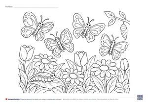 Vista previa de «Mariposas en el jardín con oruga y crisálida»