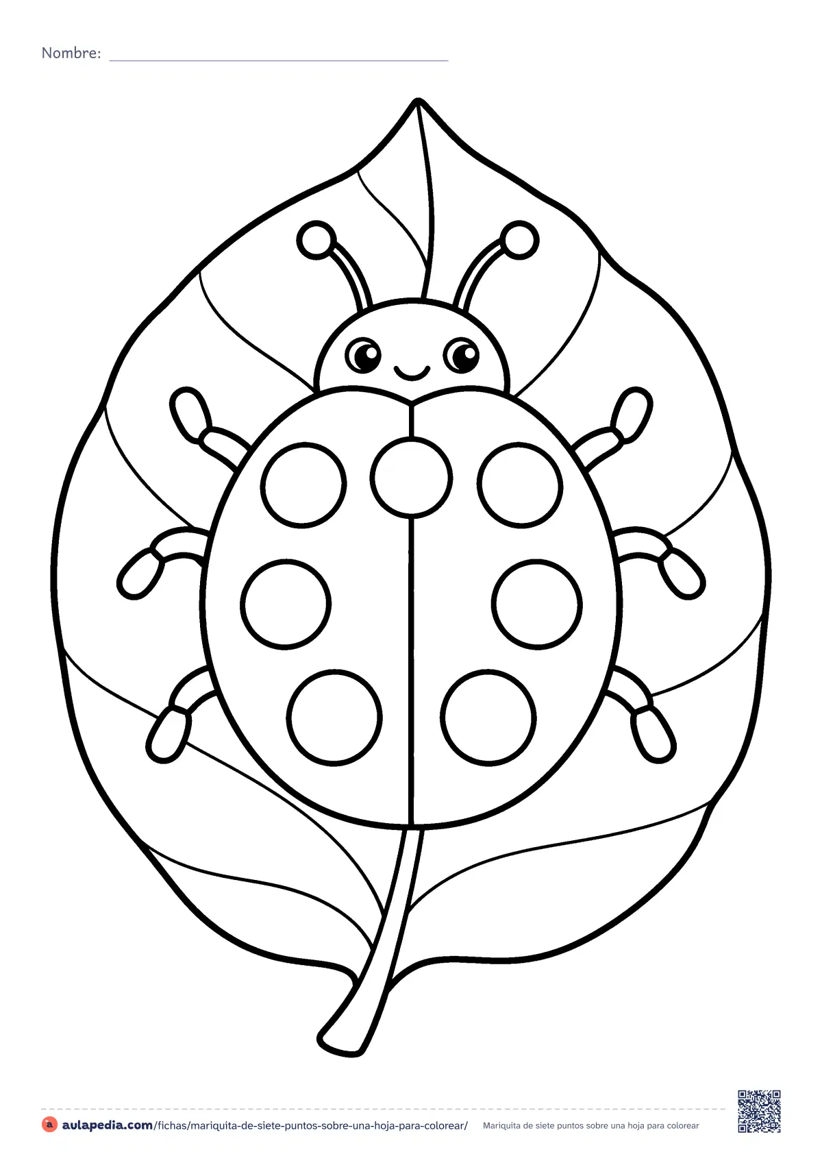Primera página de la ficha «Mariquita de siete puntos sobre una hoja»: una mariquita (catarina) de siete puntos camina sobre una hoja enorme. Dibujo fácil de contorno grueso para contar y colorear.