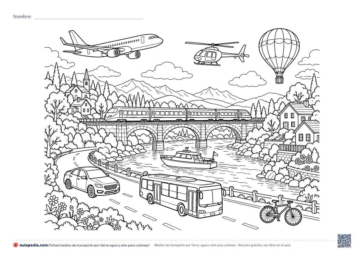 Primera página de la ficha «Medios de transporte por tierra, agua y aire»: carro, autobús, bicicleta, tren, lancha, avión, helicóptero y globo aerostático. Lámina detallada para colorear.