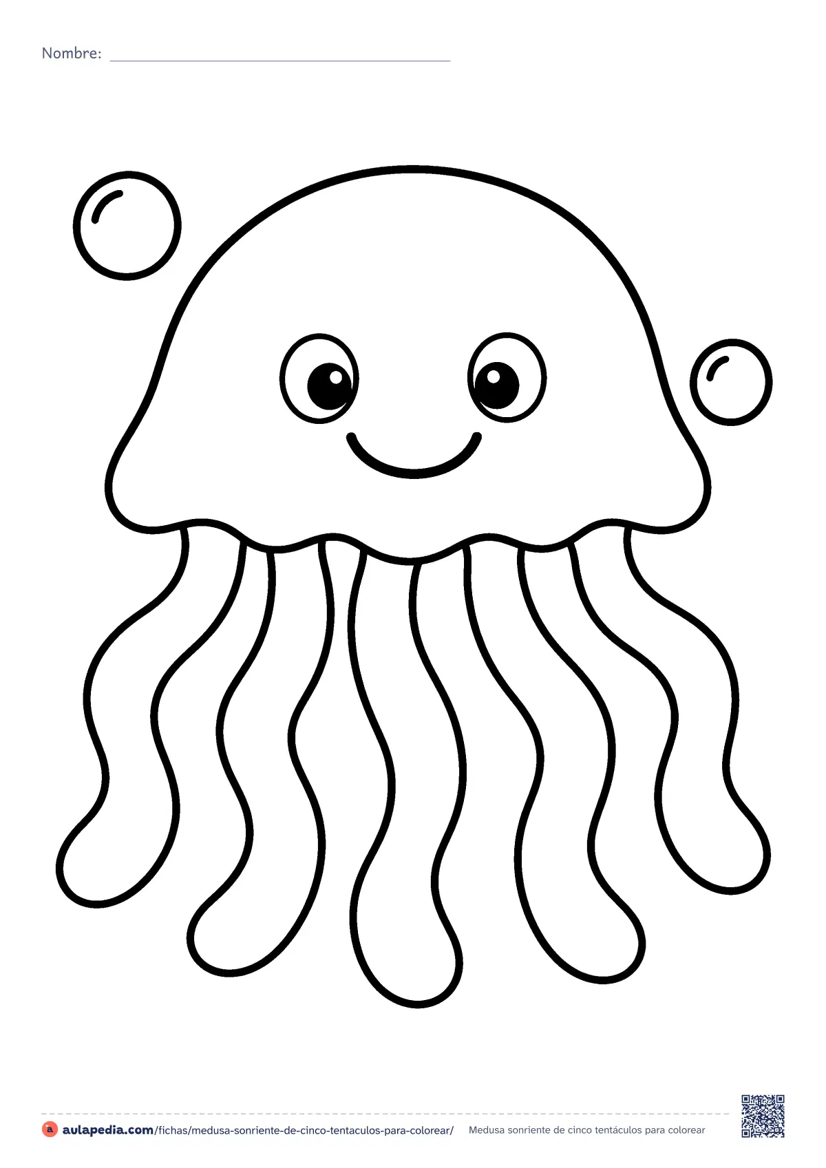 Primera página de la ficha «Medusa sonriente de cinco tentáculos»: una medusa sonriente con la campana redonda, cinco tentáculos ondulados y dos burbujas. Dibujo fácil de zonas grandes.