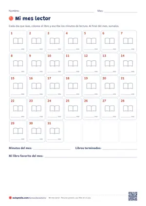 Mi mes lector: Registro mensual de lectura: una casilla por día con un libro para colorear y los minutos leídos, y el total del mes.