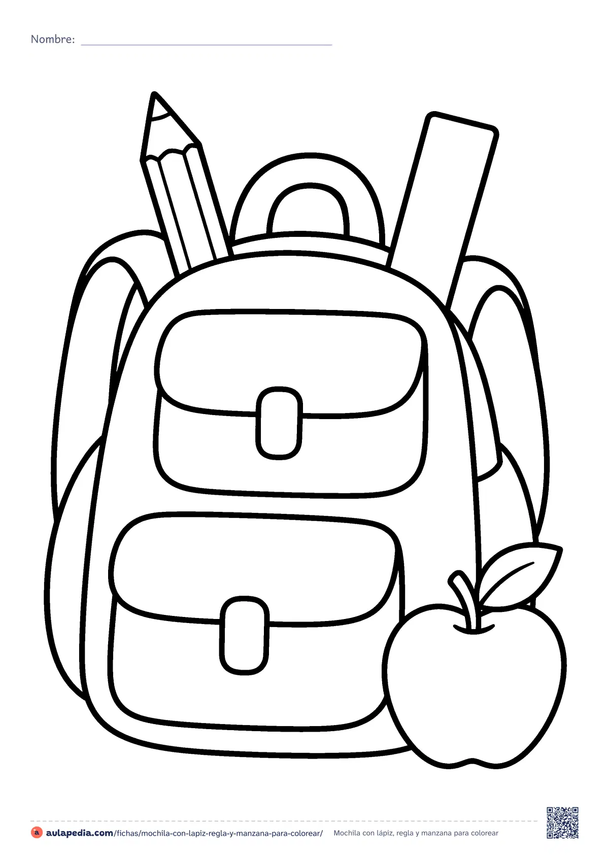 Primera página de la ficha «Mochila con lápiz, regla y manzana»: una mochila con dos bolsillos, un lápiz y una regla que asoman, y una manzana al lado. Dibujo fácil para colorear en la vuelta al cole.