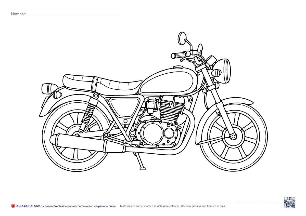 Primera página de la ficha «Moto clásica con el motor a la vista»: una moto clásica vista de lado, con el motor, el escape, los amortiguadores y las ruedas de radios a la vista. Dibujo detallado para colorear.