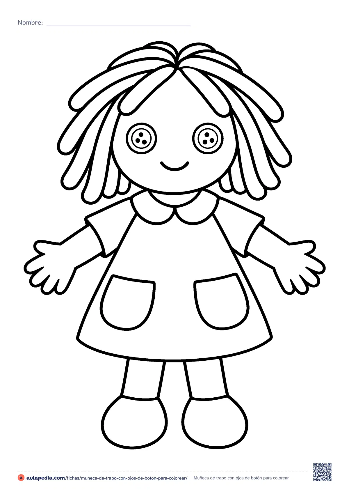 Primera página de la ficha «Muñeca de trapo con ojos de botón»: una muñeca de trapo con pelo de lana, ojos de botón y un vestido con dos bolsillos. Dibujo fácil para colorear, de contorno grueso.